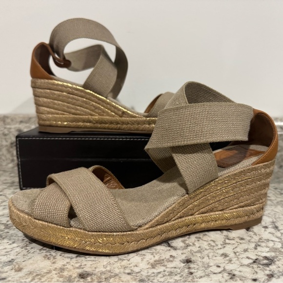 Tory Burch Canvas Espadrilles Wedges Tan Gold Size 6B - Picture 3 of 12